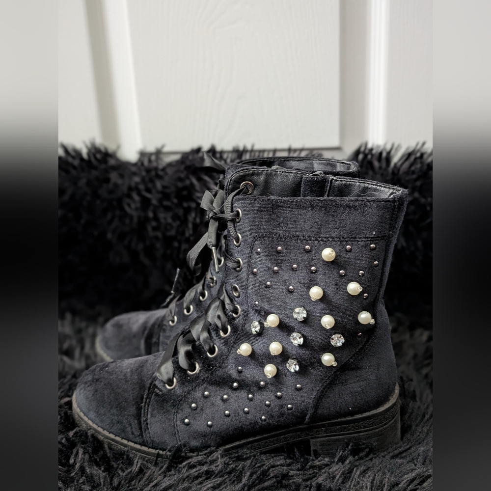 Madden Girl Black Faux Pearl Studded Women's Boots